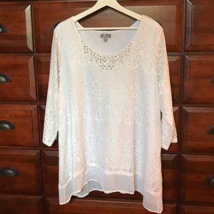 JM collection white lace tunic/sheer chiffon hem